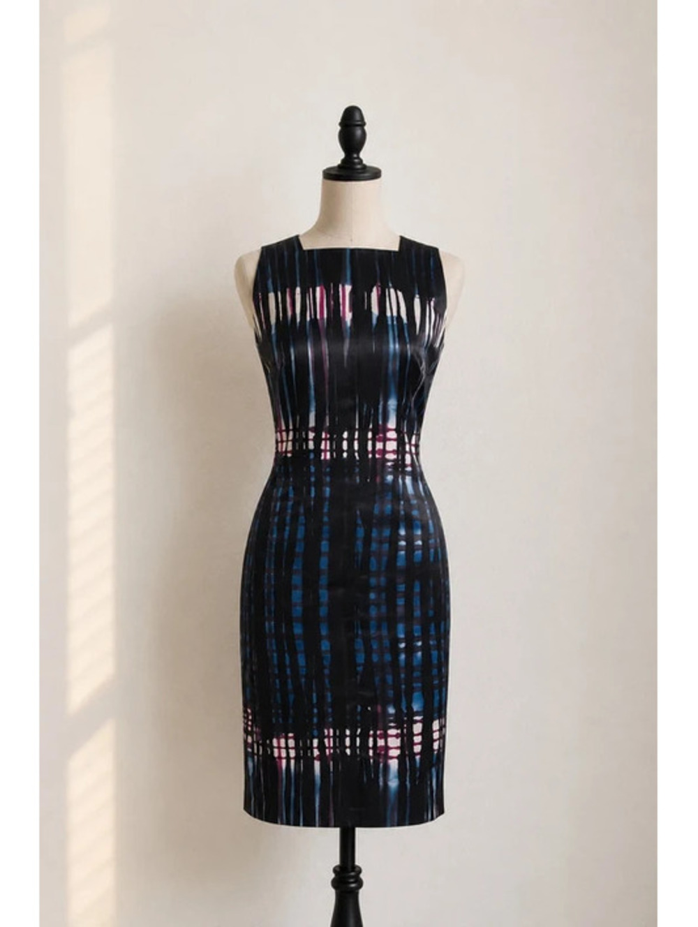 Tomas Maier Designer Abstract Sheath Dress Black Blue Sleeveless Italy Luxury